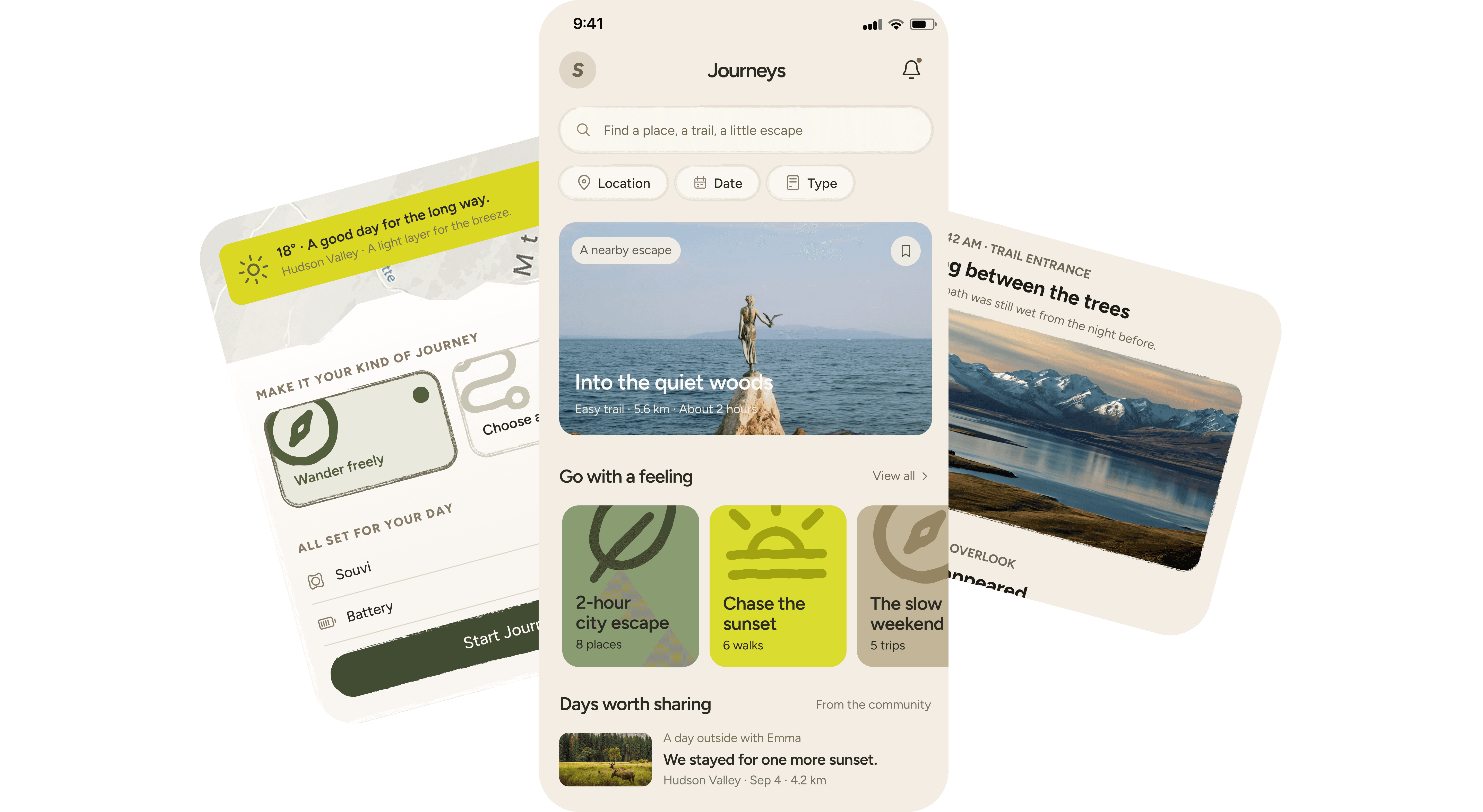 Souvi app screens with journey recaps, route maps, and a personal journal