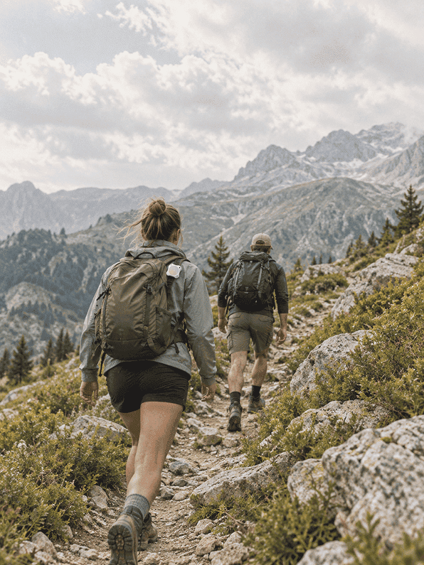 Hikers continuing along a mountain trail